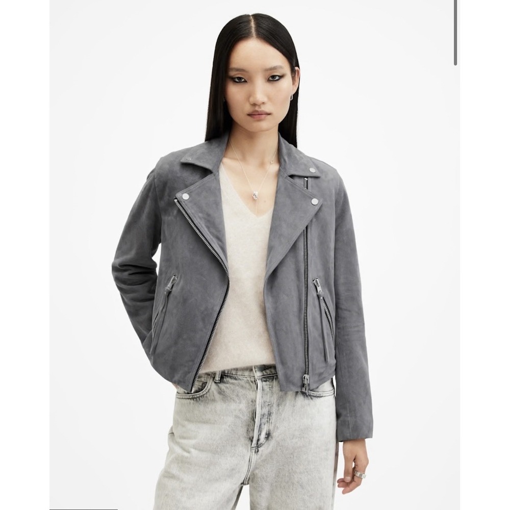 AllSaints‎ Dalby Slim Fit Biker Jacket Size 6 Gray Suede Leather Moto
